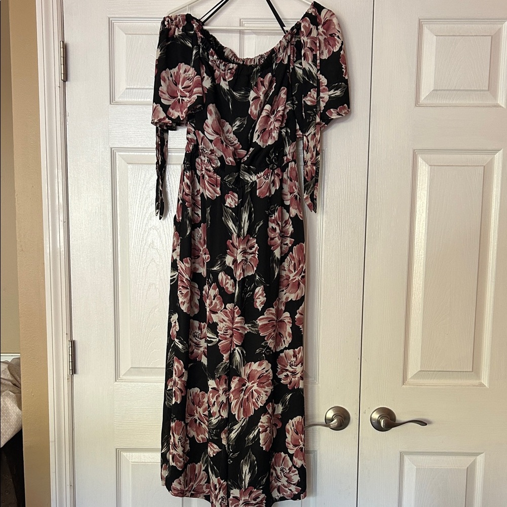AUW Black Maxi Dress with Dusty Rose Floral Print